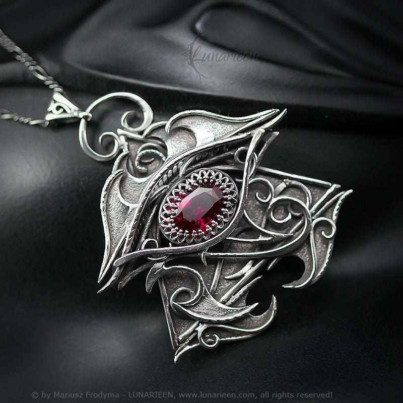 Sterling Silver Wire Wrap, Eye of Horus Gothic Necklace Pendant, Ruby, Eye Protection Symbol, Unique Unisex Jewelry Jewellery Gift