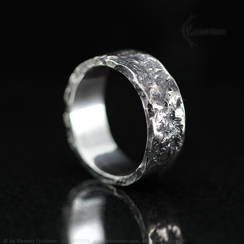 Handcrafted Rustic Sterling Silver Brutalist Rugged Oxidized Promise Ring Hand-Forged Viking Celtic Style Engagement Ring Wedding Band