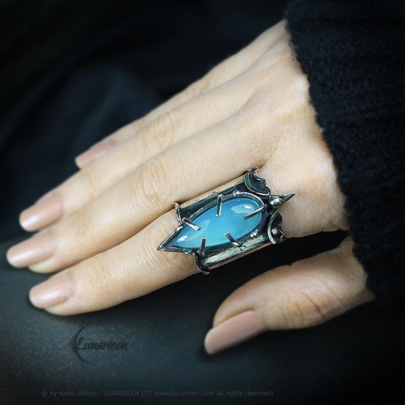 Mix Metal Brutalist Style Ring Blue Chalcedony Artisan Jewelry Sterling Silver and Silver Plated Brass Gothic Cocktail Ring Metalsmith