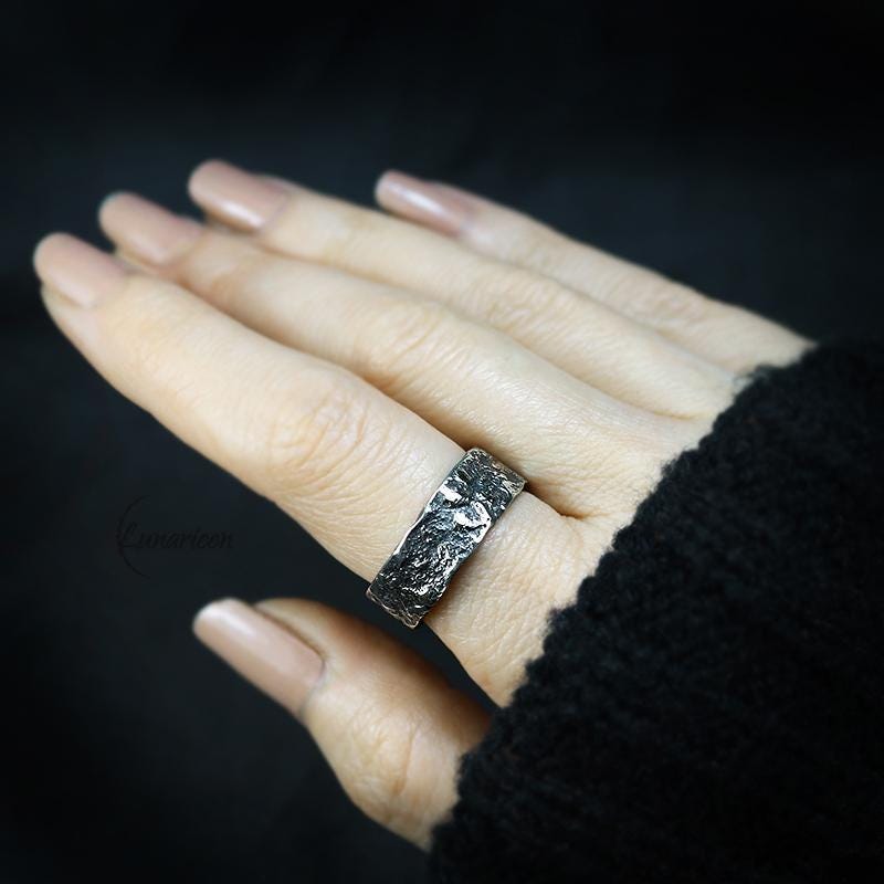 Handcrafted Rustic Sterling Silver Brutalist Rugged Oxidized Promise Ring Hand-Forged Viking Celtic Style Engagement Ring Wedding Band