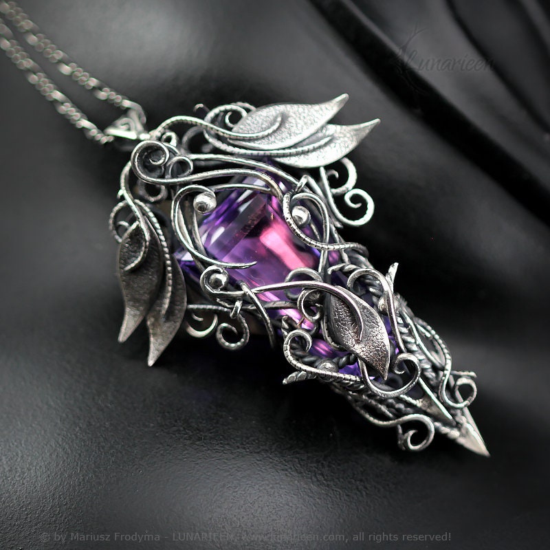 Sterling Silver, Fantasy Gothic style Necklace Pendant, Purple Blue Alexandrite, Floral, Elven, Witchy, Unisex Unique gift