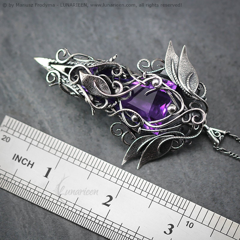 Sterling Silver, Fantasy Gothic style Necklace Pendant, Purple Blue Alexandrite, Floral, Elven, Witchy, Unisex Unique gift