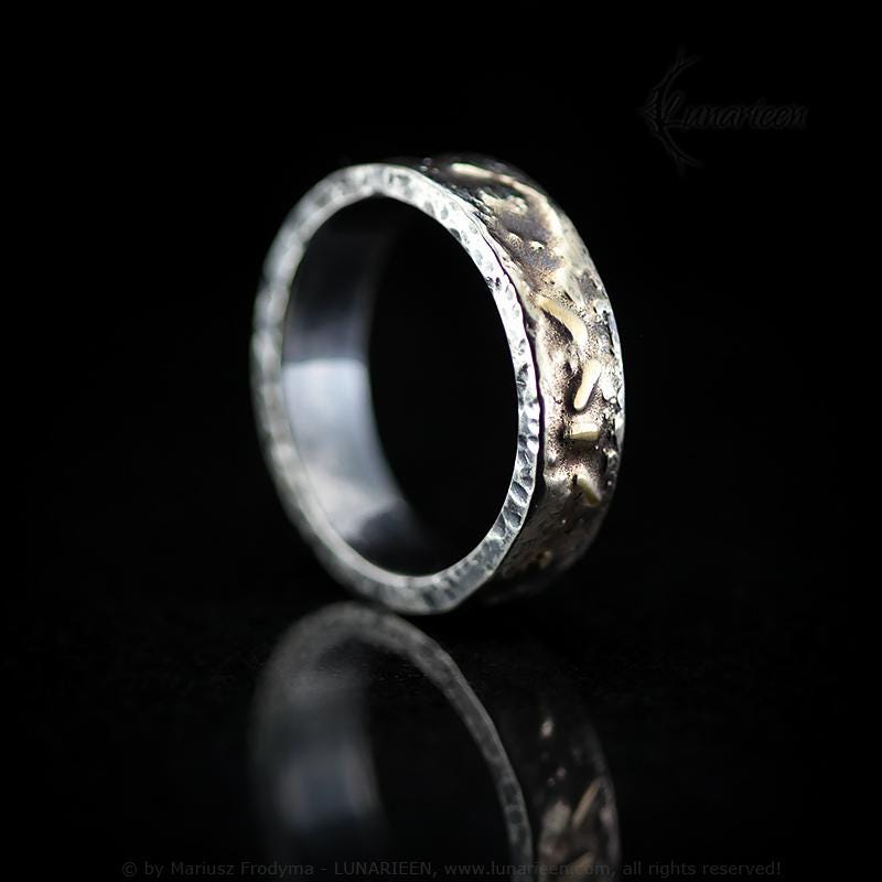 Handcrafted Rustic Sterling Silver & 14K Gold Brutalist Rugged Oxidized Promise Ring Hand-Forged Viking Style Engagement Ring Wedding Band