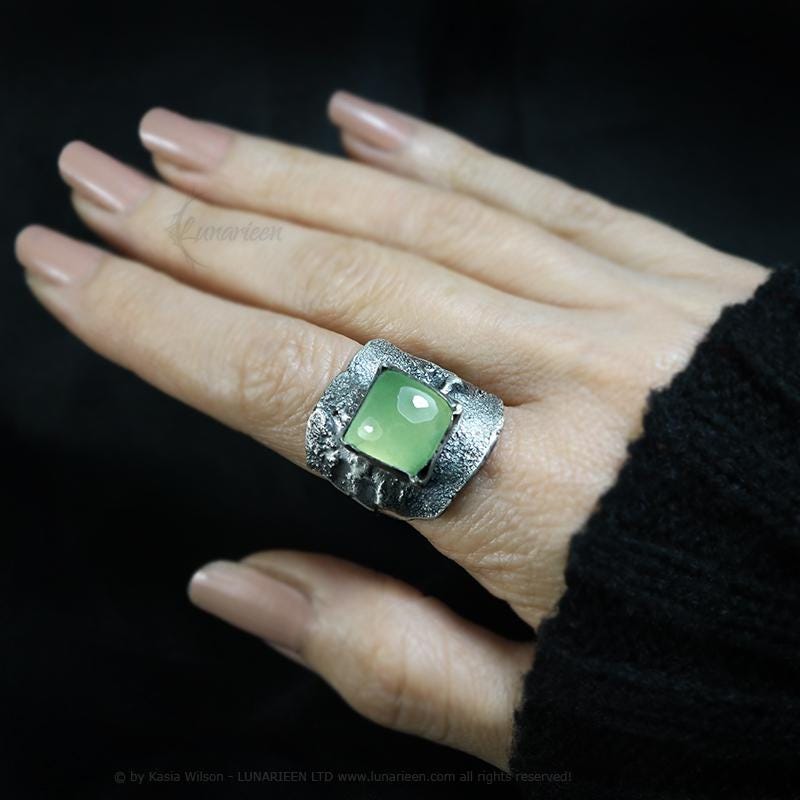 Handcrafted Brutalist Ring Rustic Textured Modern Prehnite Artisan Jewelry Oxidized Silver Gothic Cocktail Hammered Trendy Unique Ring