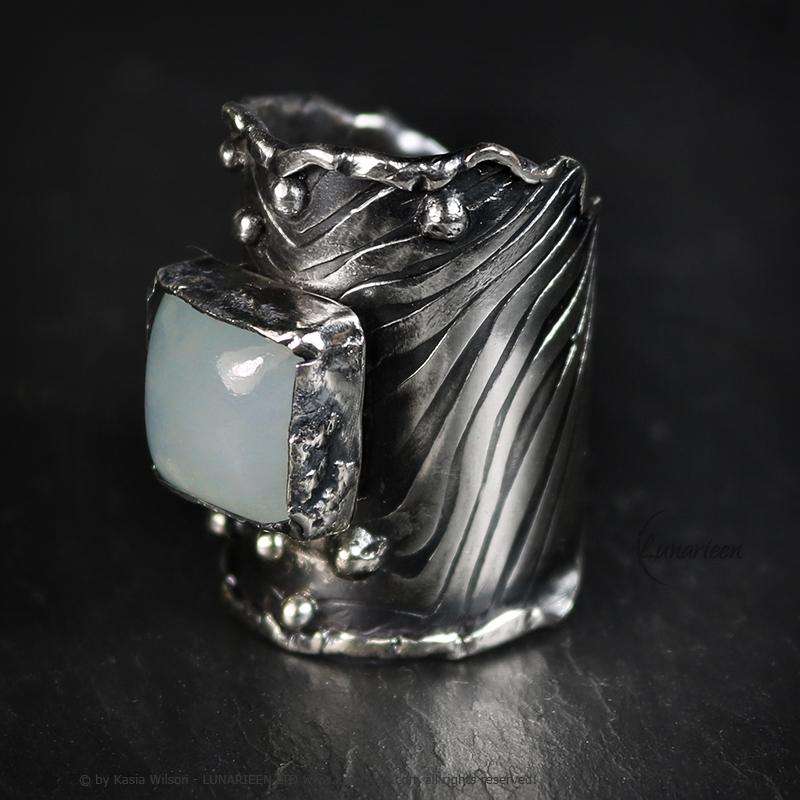 Mix Metal Brutalist Style Ring Blue Aquamarine Artisan Jewelry Sterling Silver and Silver Plated Brass Gothic Cocktail Ring Metalsmith