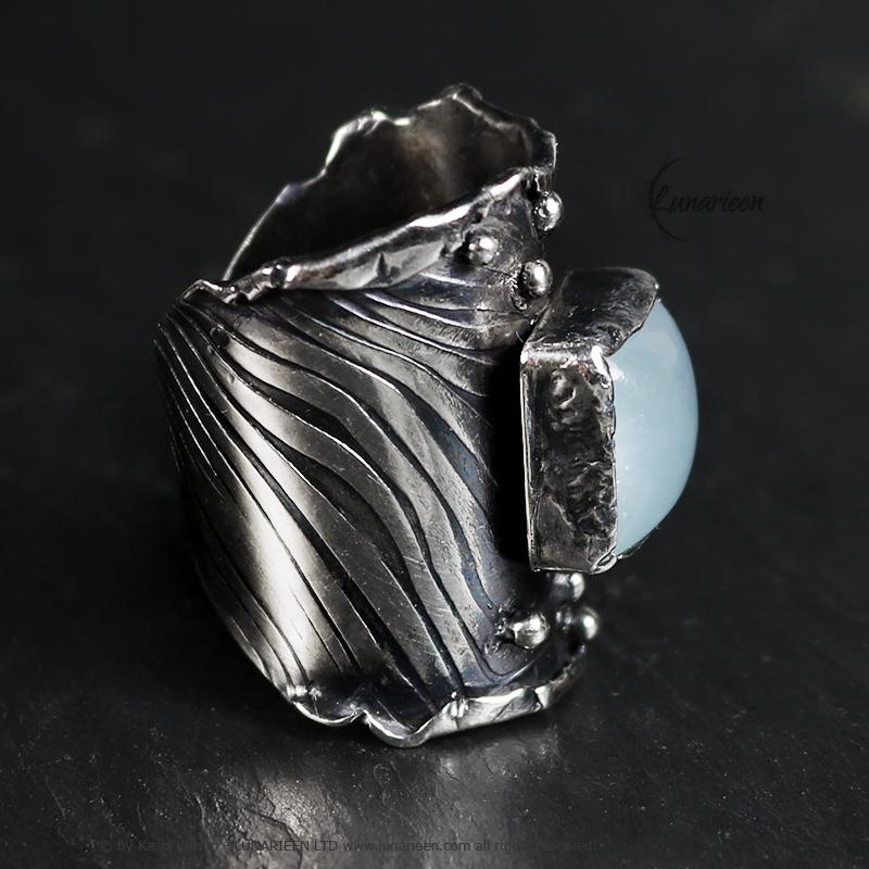 Mix Metal Brutalist Style Ring Blue Aquamarine Artisan Jewelry Sterling Silver and Silver Plated Brass Gothic Cocktail Ring Metalsmith