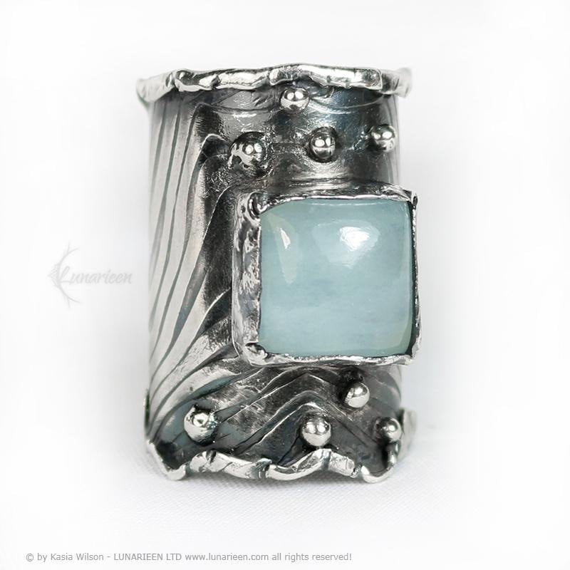 Mix Metal Brutalist Style Ring Aquamarine Artisan Jewelry Sterling Silver and Silver Plated Brass Gothic Cocktail Ring Metalsmith Modern