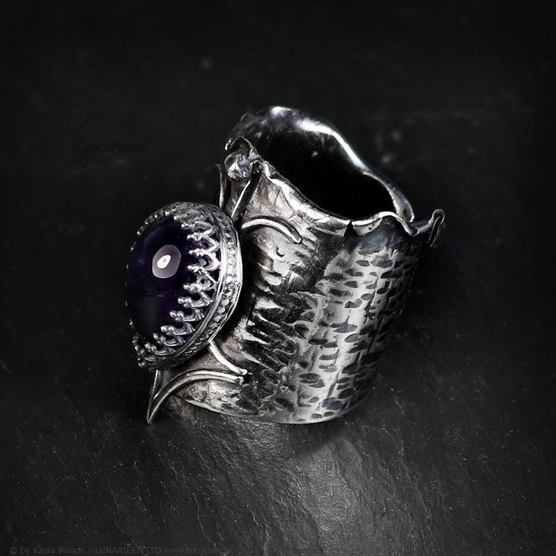 Mix Metal Brutalist Style Ring Amethyst Artisan Jewelry Sterling Silver and Silver Plated Brass Gothic Cocktail Hammered Ring Metalsmith