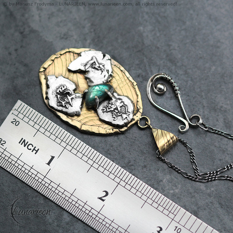 Mix Metal Brutalist Style Oval Pendant Necklace Sterling Silver 18Ct Gold and Silver Plated Brass Green Labradorite