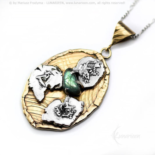 Mix Metal Brutalist Style Oval Pendant Necklace Sterling Silver 18Ct Gold and Silver Plated Brass Green Labradorite