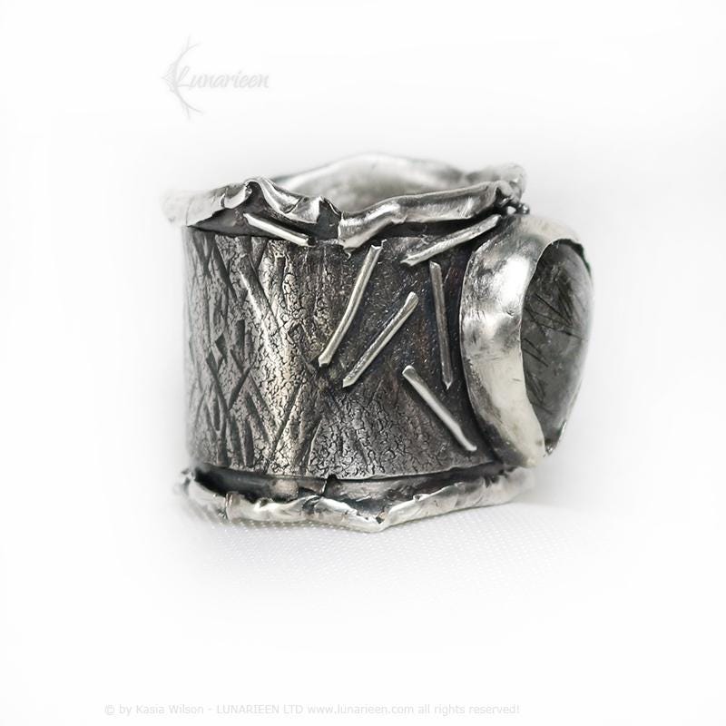 Handcrafted Brutalist Ring Textured Modern Turmaline Quartz Artisan Jewelry Oxidized Sterling Silver Gothic Hammered Trendy Unique Ring