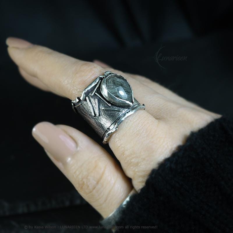 Handcrafted Brutalist Ring Textured Modern Turmaline Quartz Artisan Jewelry Oxidized Sterling Silver Gothic Hammered Trendy Unique Ring