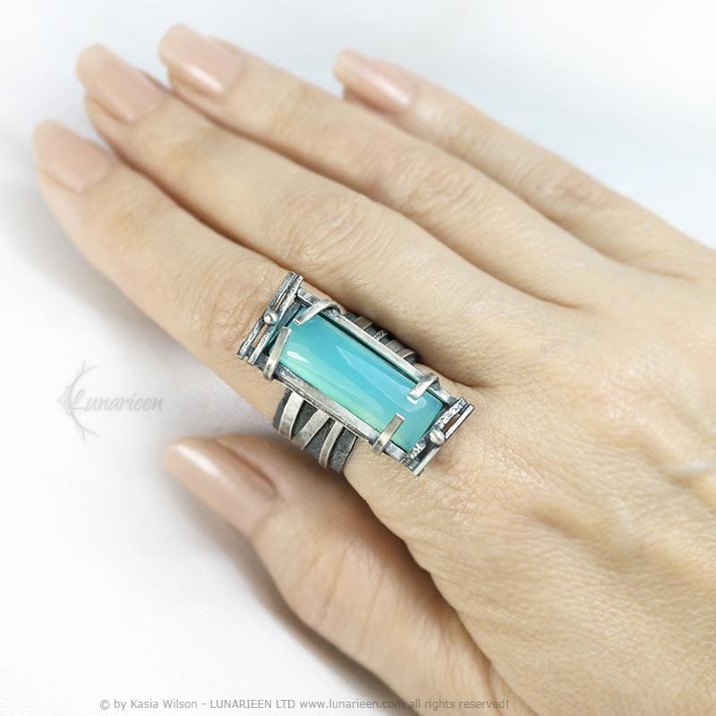 Handcrafted Brutalist Ring Textured Modern Blue Chalcedony Artisan Jewelry Oxidized Sterling Silver Gothic Hammered Trendy Unique Ring