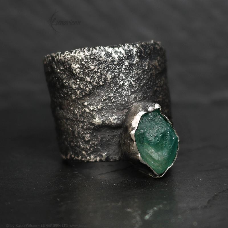 Handcrafted Brutalist Rustic Ring Textured Modern Rough Raw Apatite Artisan Jewelry Oxidized Sterling Silver Gothic Trendy Unique Ring