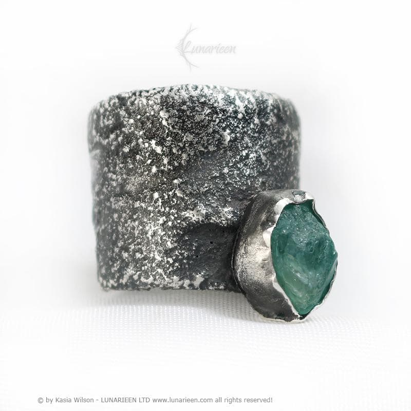 Handcrafted Brutalist Rustic Ring Textured Modern Rough Raw Apatite Artisan Jewelry Oxidized Sterling Silver Gothic Trendy Unique Ring