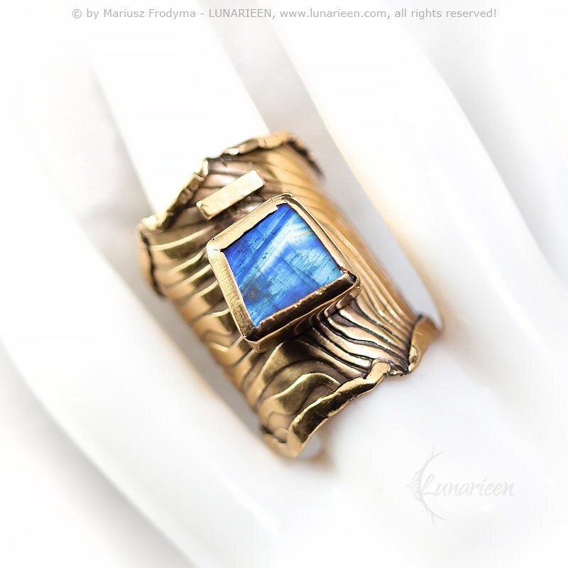 Mix Metal Brutalist Style Ring Rainbow Moonstone Artisan Jewelry 18Ct Gold Plated Bronze Gothic Cocktail Ring Metalsmith Modern