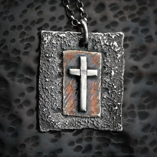 Handcrafted Rustic Hammered Melted Sterling Silver Copper Gothic Brutalist Rugged Oxidized Crucifix Cross Men's Catholic Large Heavy Pendant