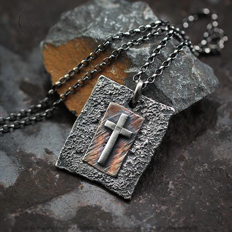 Handcrafted Rustic Hammered Melted Sterling Silver Copper Gothic Brutalist Rugged Oxidized Crucifix Cross Men's Catholic Large Heavy Pendant