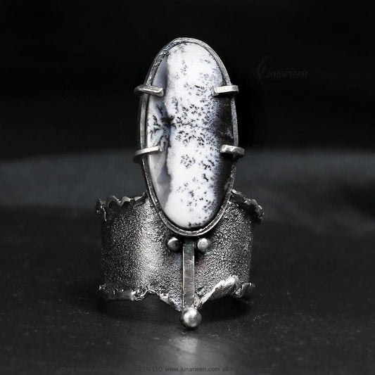 Handcrafted Brutalist Ring Textured Modern Dendritic Opal Artisan Jewelry Oxidized Sterling Silver Gothic Hammered Trendy Unique Ring