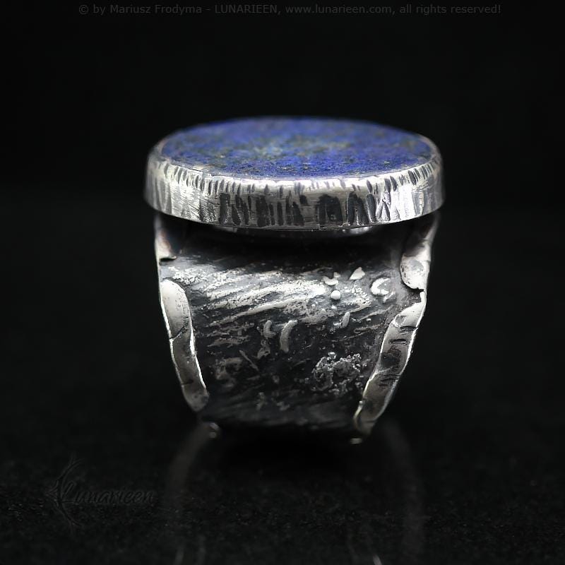 Mix Metal Brutalist Style Unisex Ring Lapis Lazuli Artisan Jewelry Sterling Silver & Silver Plated Brass Gothic Antique Hammered Metalsmith