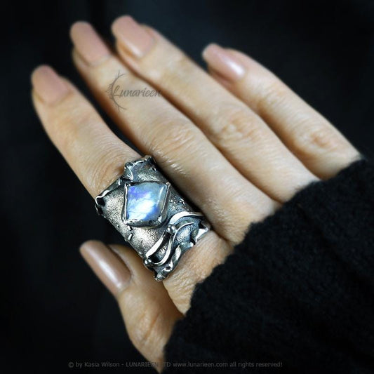 Handcrafted Brutalist Style Rustic Textured Modern Ring Moonstone Artisan Jewelry Oxidized Sterling Silver Gothic Cocktail Ring Metalsmith