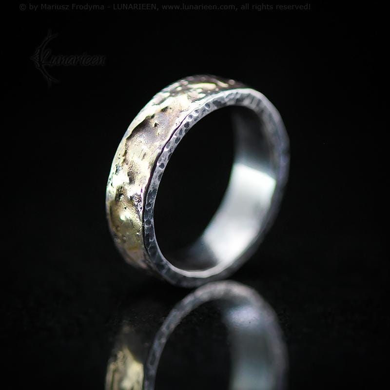 Handcrafted Rustic Sterling Silver & 14K Gold Brutalist Rugged Oxidized Promise Ring Hand-Forged Viking Style Engagement Ring Wedding Band