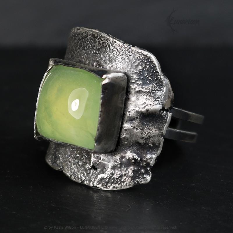 Handcrafted Brutalist Ring Rustic Textured Modern Prehnite Artisan Jewelry Oxidized Silver Gothic Cocktail Hammered Trendy Unique Ring