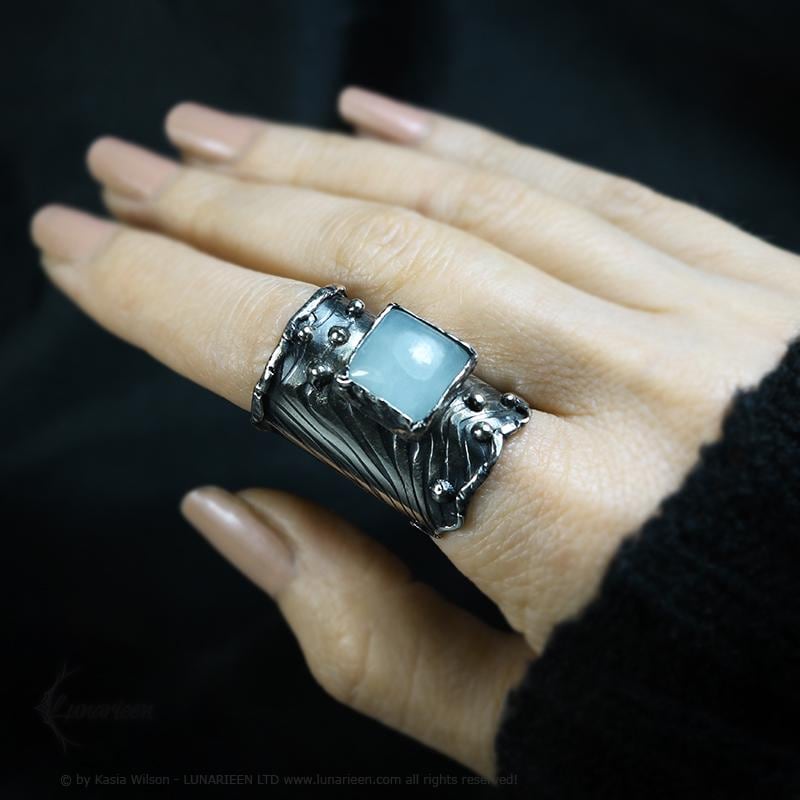 Mix Metal Brutalist Style Ring Blue Aquamarine Artisan Jewelry Sterling Silver and Silver Plated Brass Gothic Cocktail Ring Metalsmith