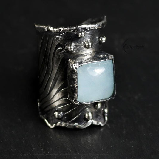 Mix Metal Brutalist Style Ring Blue Aquamarine Artisan Jewelry Sterling Silver and Silver Plated Brass Gothic Cocktail Ring Metalsmith