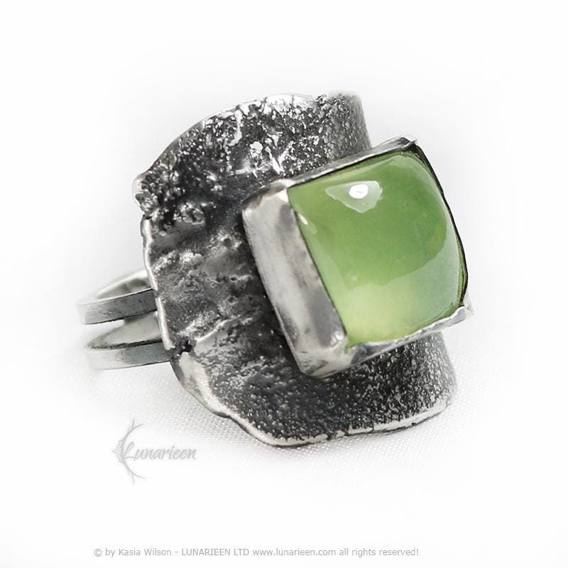 Brutalist Style Ring Artisan Prehnite Jewelry Sterling Silver Gothic Cocktail Ring Metalsmith Modern Trendy Hammered Textured Ring