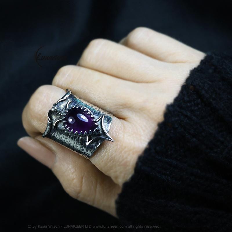 Mix Metal Brutalist Style Ring Amethyst Artisan Jewelry Sterling Silver and Silver Plated Brass Gothic Cocktail Hammered Ring Metalsmith