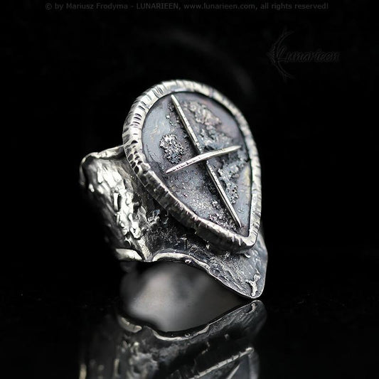 Gothic Antique Rustic Sterling Silver Rugged Oxidized Unisex Large Ring Artisan Jewelry Hammered Metalsmith Cross Crucifix Catholic Ring