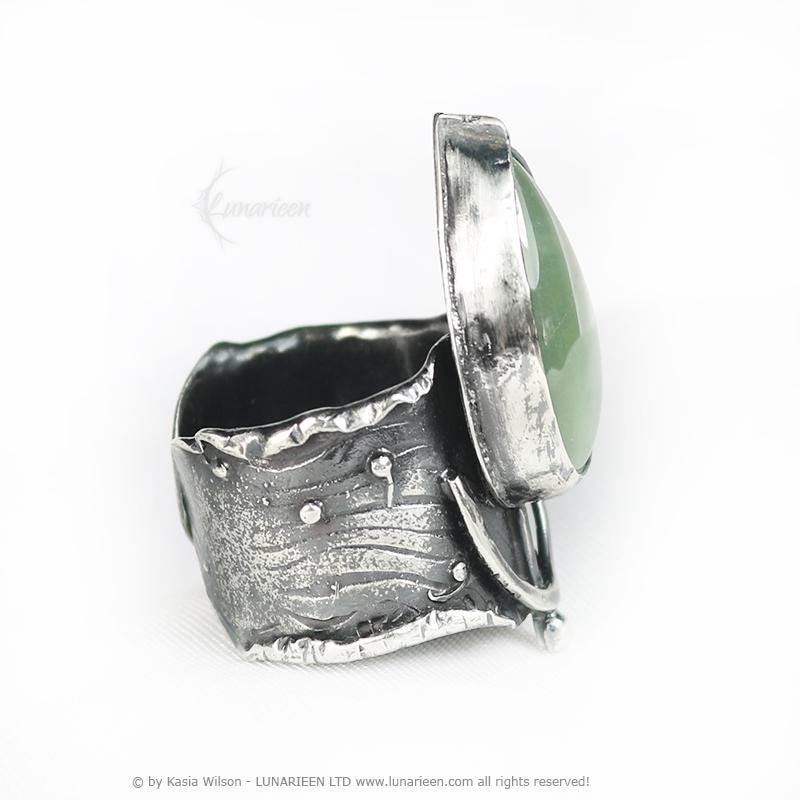 Mix Metal Brutalist Style Ring Prehnite Artisan Jewelry Sterling Silver and Silver Plated Brass Gothic Cocktail Hammered Ring Metalsmith