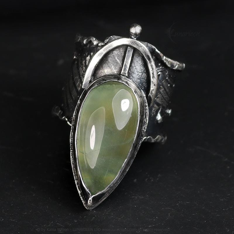 Mix Metal Brutalist Style Ring Prehnite Artisan Jewelry Sterling Silver and Silver Plated Brass Gothic Cocktail Hammered Ring Metalsmith