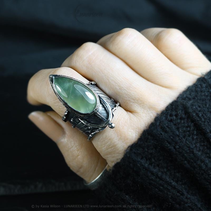 Mix Metal Brutalist Style Ring Prehnite Artisan Jewelry Sterling Silver and Silver Plated Brass Gothic Cocktail Hammered Ring Metalsmith