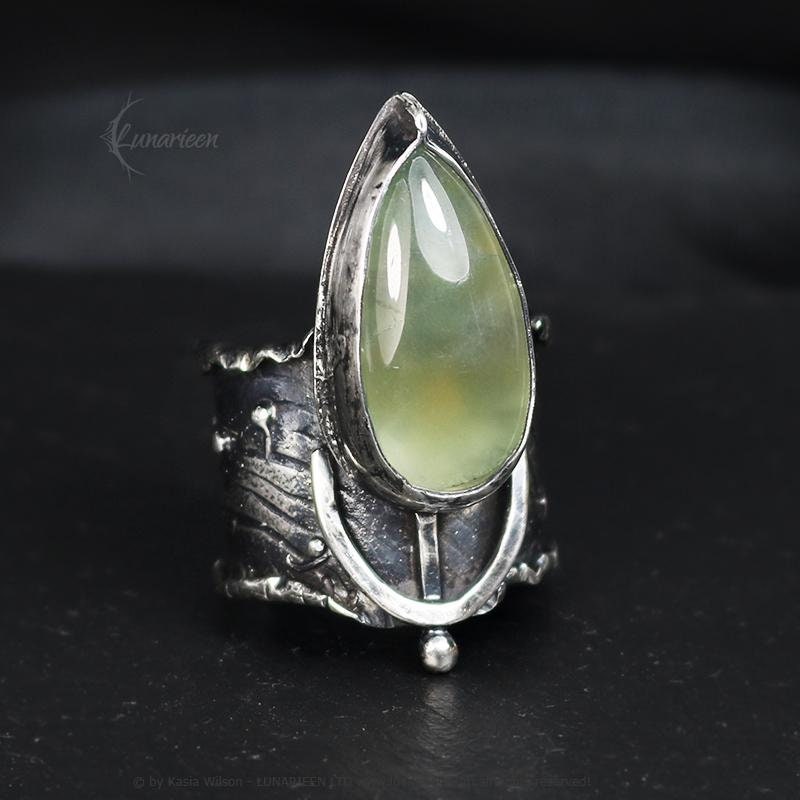 Mix Metal Brutalist Style Ring Prehnite Artisan Jewelry Sterling Silver and Silver Plated Brass Gothic Cocktail Hammered Ring Metalsmith