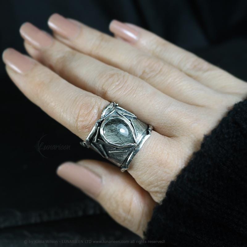 Handcrafted Brutalist Ring Textured Modern Turmaline Quartz Artisan Jewelry Oxidized Sterling Silver Gothic Hammered Trendy Unique Ring