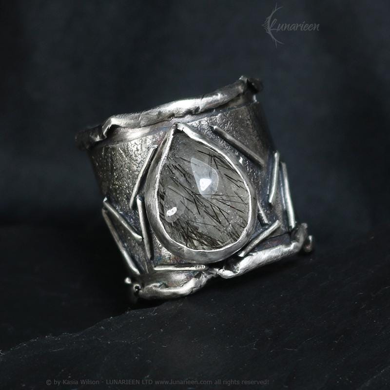 Handcrafted Brutalist Ring Textured Modern Turmaline Quartz Artisan Jewelry Oxidized Sterling Silver Gothic Hammered Trendy Unique Ring