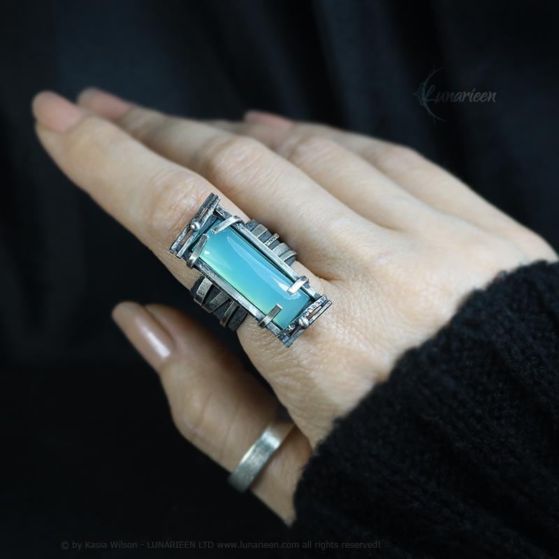 Handcrafted Brutalist Ring Textured Modern Blue Chalcedony Artisan Jewelry Oxidized Sterling Silver Gothic Hammered Trendy Unique Ring