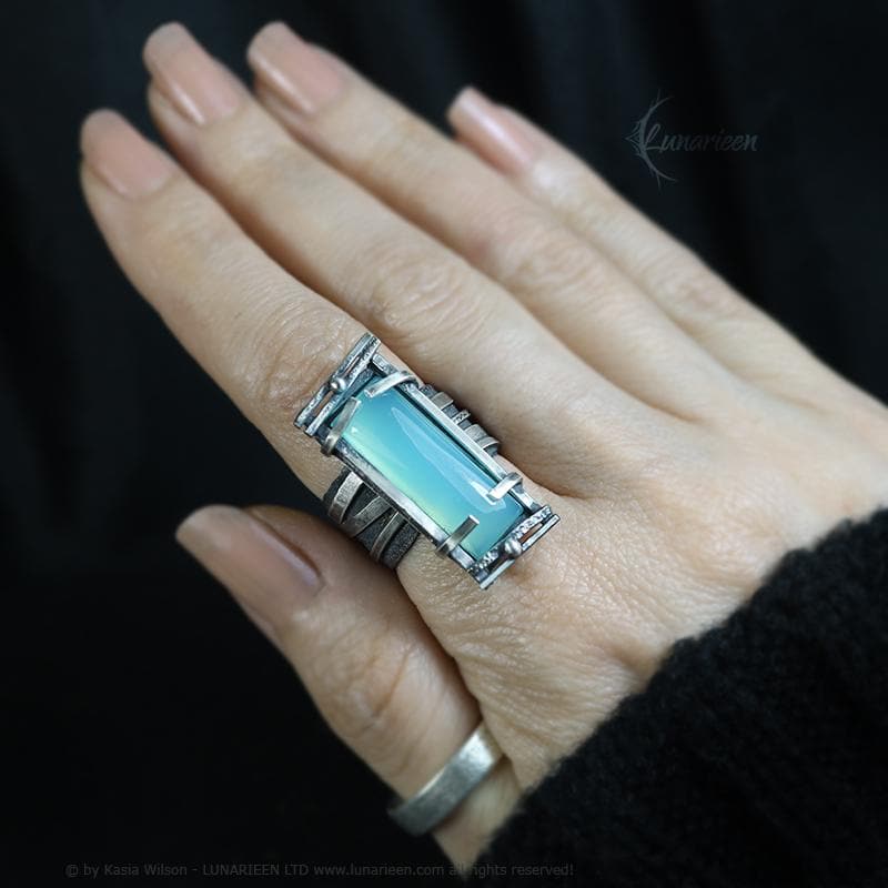 Handcrafted Brutalist Ring Textured Modern Blue Chalcedony Artisan Jewelry Oxidized Sterling Silver Gothic Hammered Trendy Unique Ring