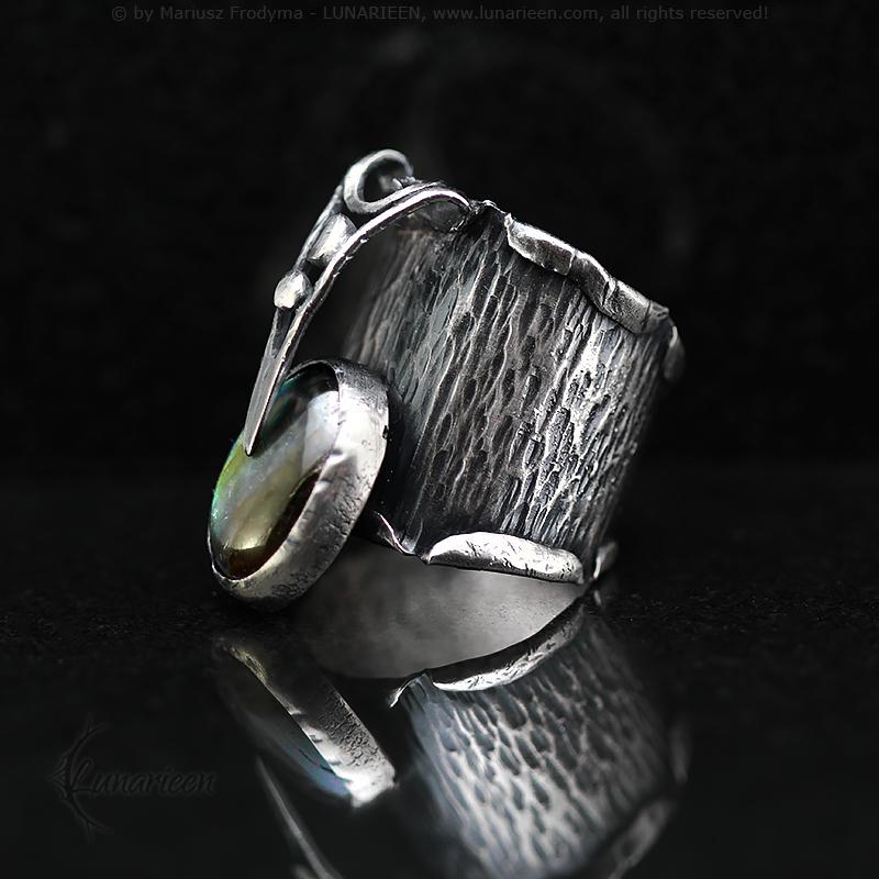 Rustic Hammered Mix Metal Brutalist Style Ring Labradorite Artisan Jewelry Sterling Silver and Silver Plated Brass Gothic Ring Metalsmith