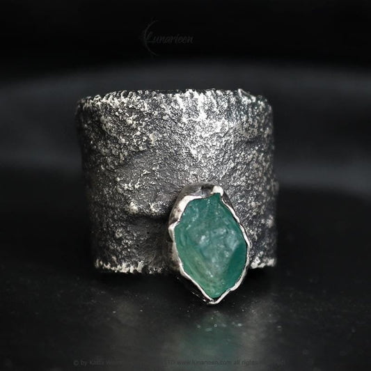 Handcrafted Brutalist Rustic Ring Textured Modern Rough Apatite Artisan Jewelry Oxidized Sterling Silver Gothic Trendy Unique Ring