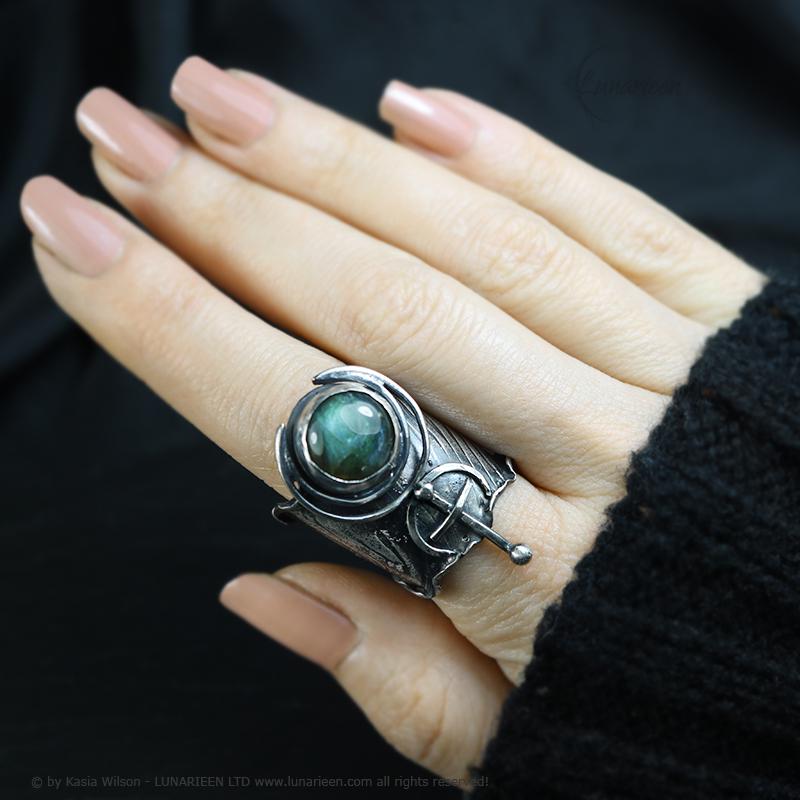 Textured Brutalist Style Ring Labradorite Artisan Jewelry Sterling Silver and Silver Plated Brass Gothic Cocktail Cross Modern Witchy Ring