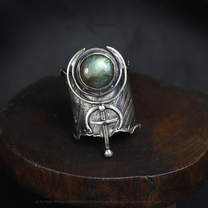 Textured Brutalist Style Ring Labradorite Artisan Jewelry Sterling Silver and Silver Plated Brass Gothic Cocktail Cross Modern Witchy Ring