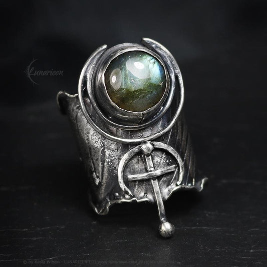 Rustic Hammered Mix Metal Brutalist Style Ring Labradorite Artisan Jewelry Sterling Silver and Silver Plated Brass Gothic Ring Metalsmith