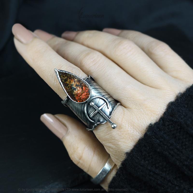 Textured Brutalist Style Ring Ammolite Artisan Jewelry Sterling Silver and Silver Plated Brass Gothic Cocktail Cross Modern Witchy Ring