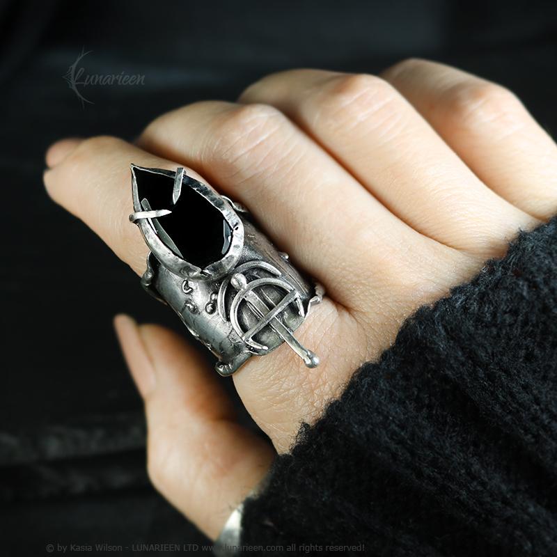 Textured Brutalist Style Ring Black Onyx Artisan Jewelry Sterling Silver and Silver Plated Brass Gothic Cocktail Cross Modern Witchy Ring