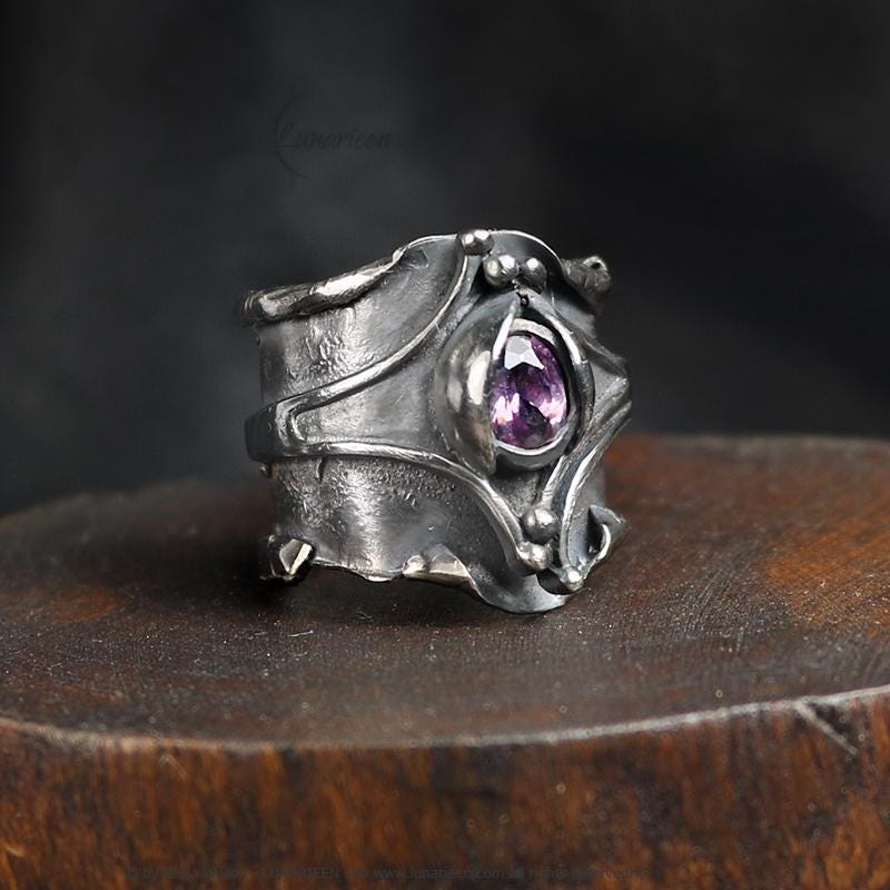 Handcrafted Brutalist Ring Textured Modern Amethyst Artisan Jewelry Oxidized Sterling Silver Gothic Hammered Trendy Unique Statement Ring