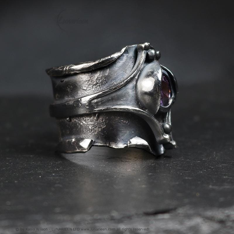 Handcrafted Brutalist Ring Textured Modern Amethyst Artisan Jewelry Oxidized Sterling Silver Gothic Hammered Trendy Unique Statement Ring