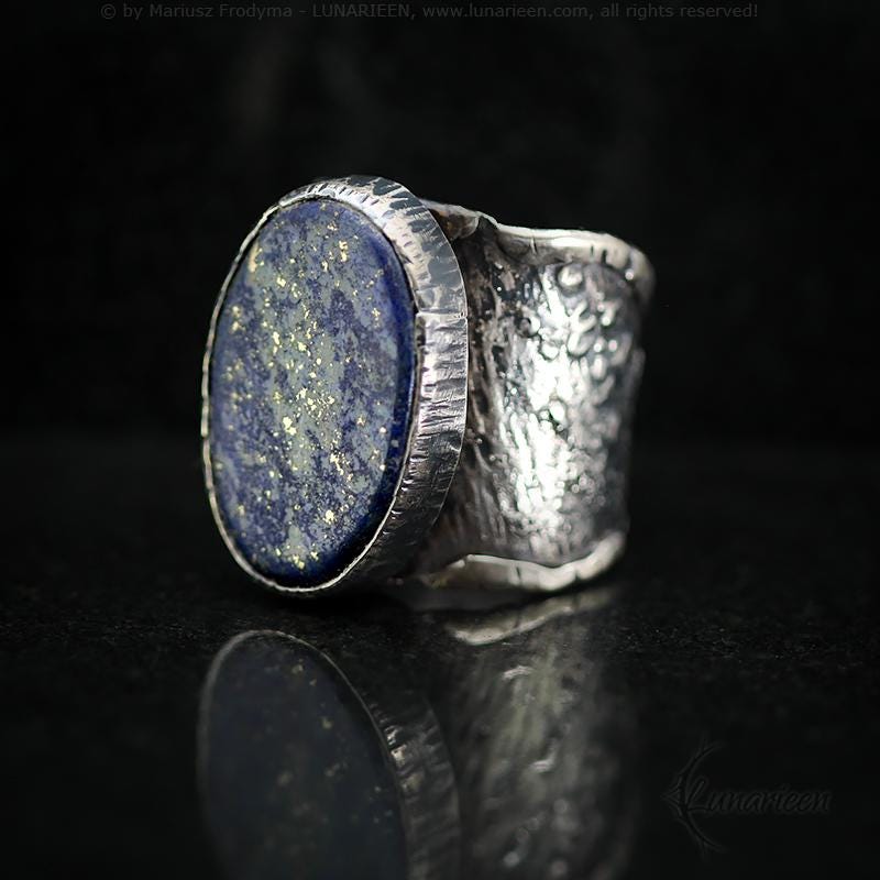 Mix Metal Brutalist Style Unisex Ring Lapis Lazuli Artisan Jewelry Sterling Silver & Silver Plated Brass Gothic Antique Hammered Metalsmith